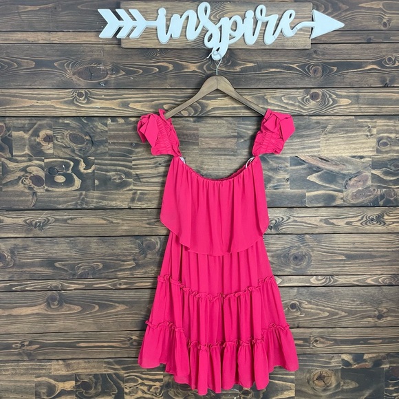 Lulus | Off Shoulder Tiered Ruffle Babydoll Mini Dress Hot‎ Pink Bow Tie Sleeves - Picture 11 of 12